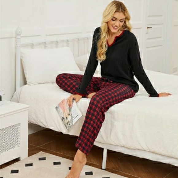 Womens 2 Piece Pajama Sets Fall Ribbed Color Block Lounge Set - Picture 2 of 6